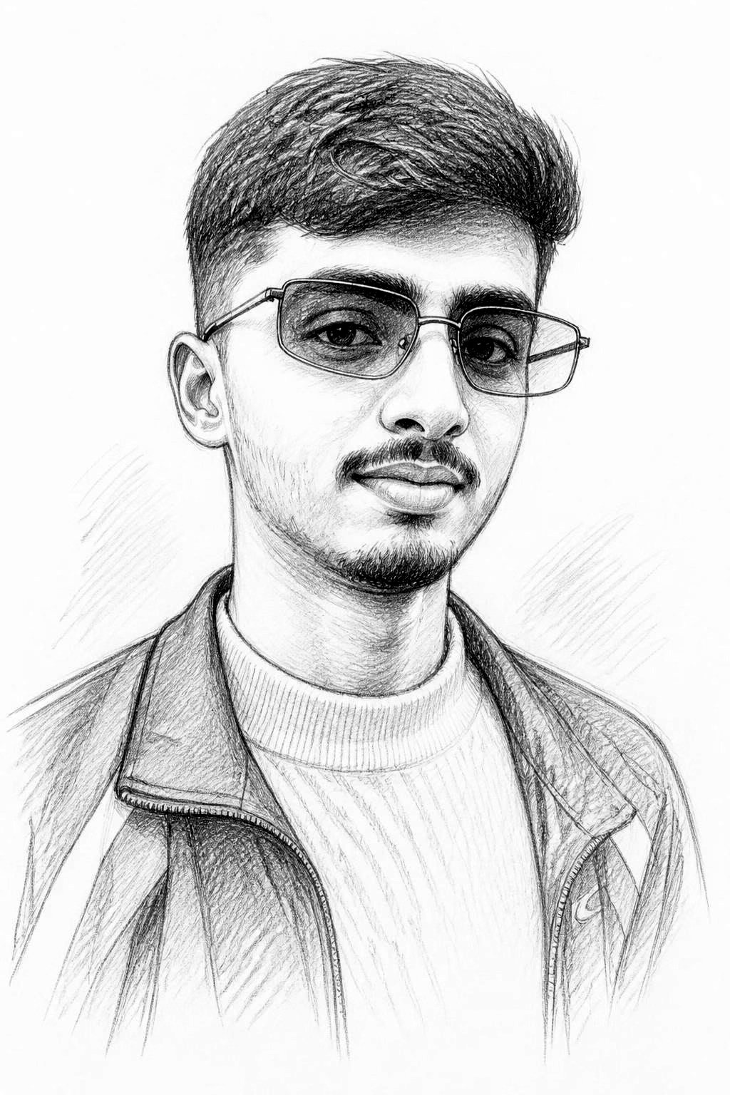 Pencil sketch portrait of Rewarth, with short hair, glasses, a light moustache and beard, in a zip jacket over a knit jumper